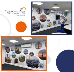 Visual showing completed multi academy trust wall graphics installation at the Enquire Learning Trust.