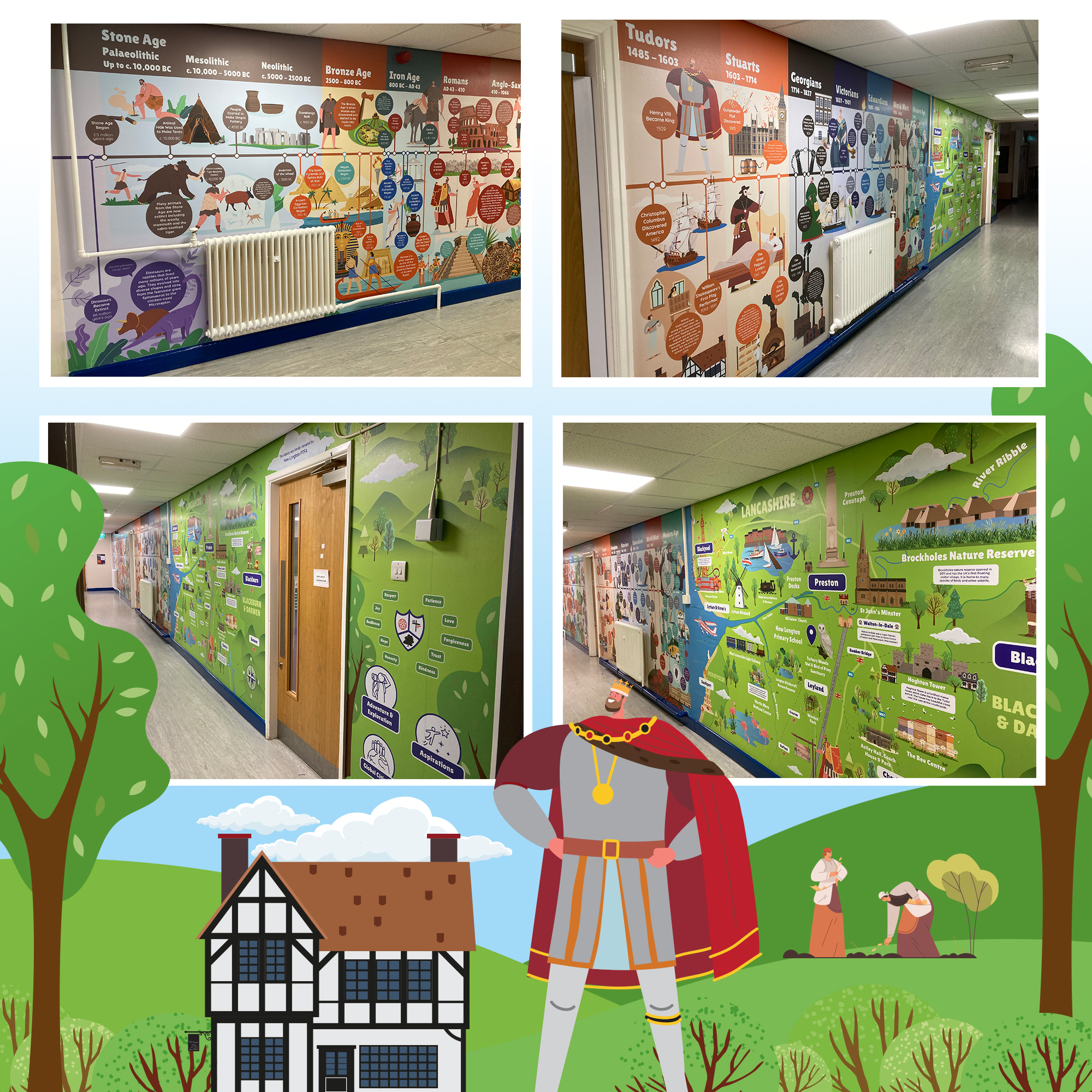 Visual showing a completed bespoke wall vinyls project with a history timeline and local map