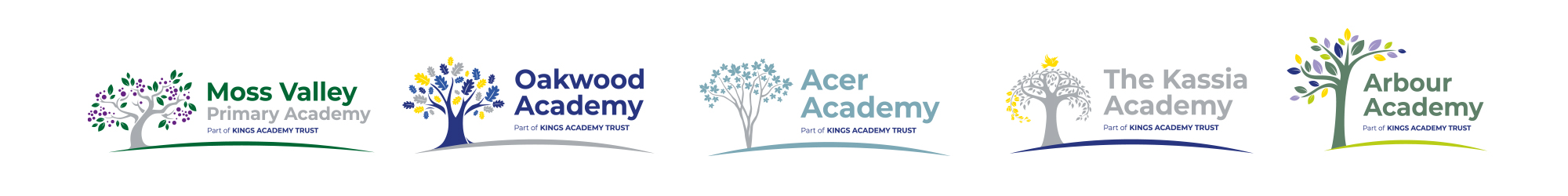 Five school logo designs each featuring trees for Kings Academy Trust part of a multi academy trust rebrand