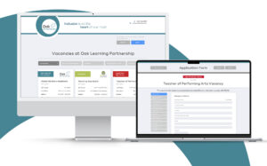 A visual showing the vacancies portal for Oak Learning Partnership on 2 computers.
